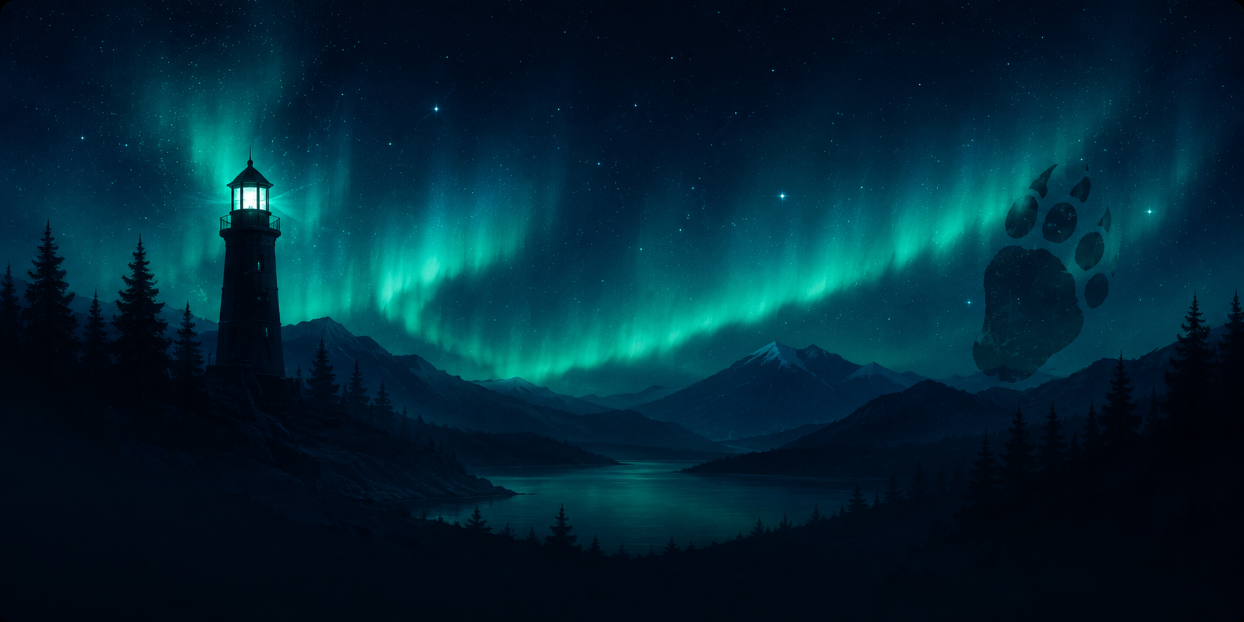 Project Sasquatch command center beneath a northern aurora and lighthouse.